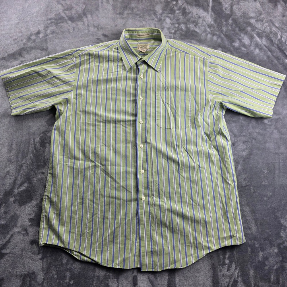 L.L. Bean Button‎ Down Mens L Green Blue Striped Short Sleeve Cotton Shirt